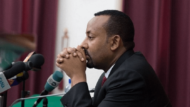 A photo of Abiy Ahmed; he appears worried.